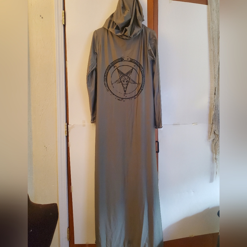 Hell Couture Grey Ouroborus Pentagram Studded Hooded Duster - Picture 2 of 7